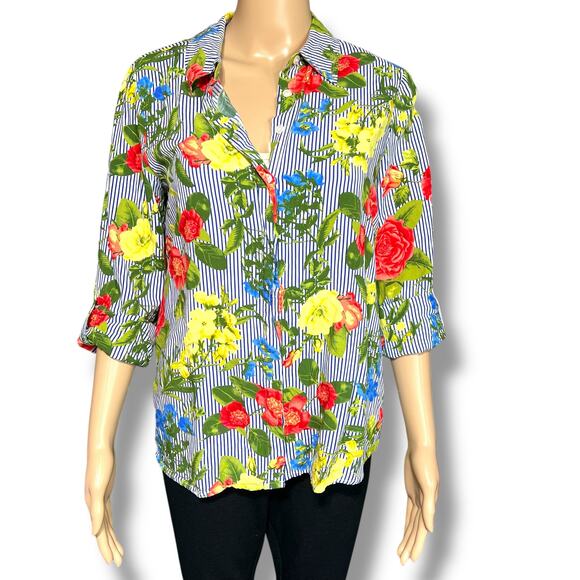 Peck&Peck Womens Button Down Shirt Blouse Top Striped Floral Print Medium - Picture 1 of 9